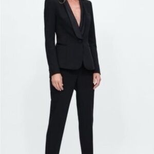 Zara Tuxedo Satin Black Tailored Blazer and Pantsuit Trousers